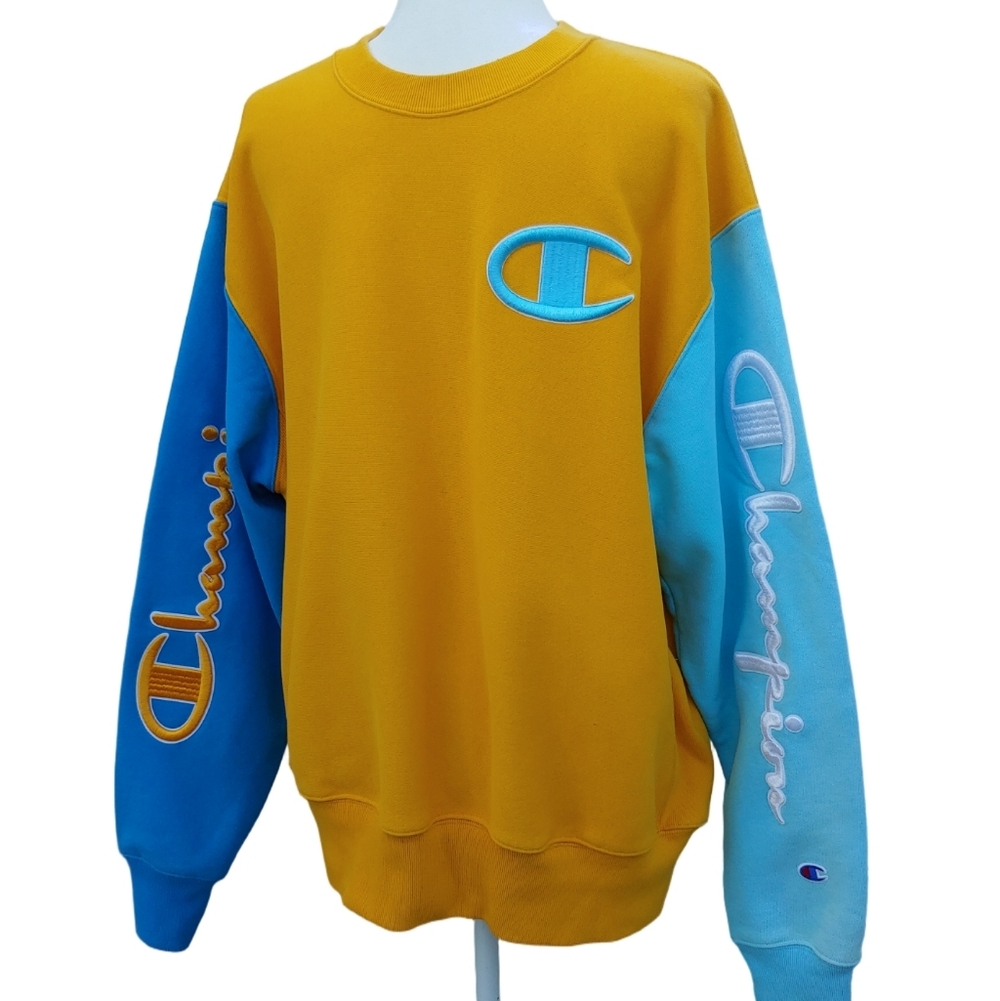 Champion Men's Embroidered Reverse Weave Crewneck in Mustard Teal size Large - Picture 5 of 15